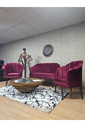 İstiridye Takım Siyah Boyalı Telli Ayak Çay Seti Koltuk Takımı Bordo Renk 110 x 48 Boyut/Ebat