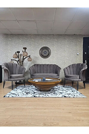 İstiridye Takım Siyah Boyalı Telli Ayak Çay Seti Koltuk Takımı Kahverengi Renk 110 x 48 Boyut/Ebat