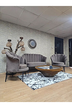 İstiridye Takım Siyah Boyalı Telli Ayak Çay Seti Koltuk Takımı Kahverengi Renk 110 x 48 Boyut/Ebat