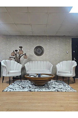 İstiridye Takım Siyah Boyalı Telli Ayak Çay Seti Koltuk Takımı Krem Renk 110 x 48 Boyut/Ebat