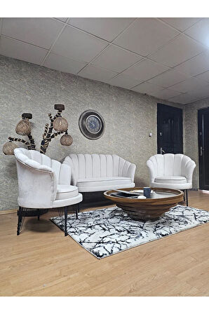 İstiridye Takım Siyah Boyalı Telli Ayak Çay Seti Koltuk Takımı Krem Renk 110 x 48 Boyut/Ebat