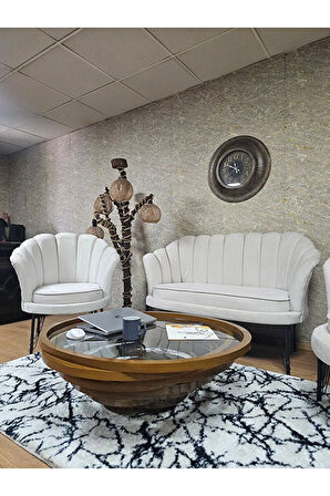 İstiridye Takım Siyah Boyalı Telli Ayak Çay Seti Koltuk Takımı Krem Renk 110 x 48 Boyut/Ebat