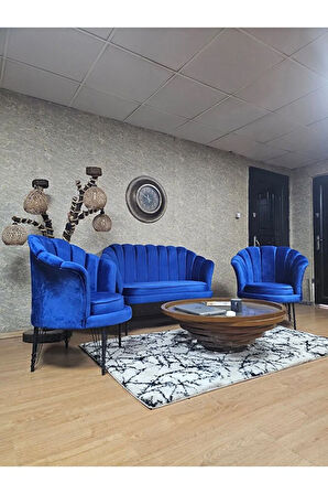 İstiridye Takım Siyah Boyalı Telli Ayak Çay Seti Koltuk Takımı Mavi Renk 110 x 48 Boyut/Ebat