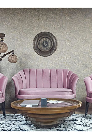 İstiridye Takım Siyah Boyalı Telli Ayak Çay Seti Koltuk Takımı Pembe Renk 110 x 48 Boyut/Ebat
