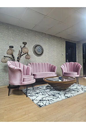 İstiridye Takım Siyah Boyalı Telli Ayak Çay Seti Koltuk Takımı Pembe Renk 110 x 48 Boyut/Ebat