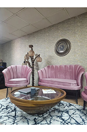 İstiridye Takım Siyah Boyalı Telli Ayak Çay Seti Koltuk Takımı Pembe Renk 110 x 48 Boyut/Ebat