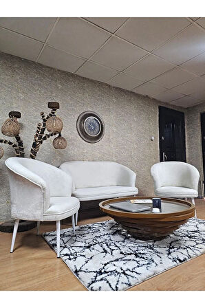 TEDDY Takım Beyaz Boyalı Sivriltme Ayak Çay Seti Koltuk - Berjer , Balkon, Salon, Ofis Krem Renk 40 x 125 Boyut/Ebat