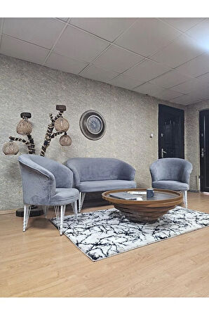 TEDDY Takım Beyaz Boyalı Telli Ayak Çay Seti Koltuk - Berjer , Balkon, Salon, Ofis Gri Renk 40 x 125 Boyut/Ebat