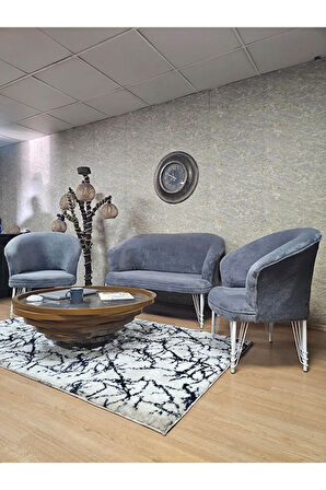 TEDDY Takım Beyaz Boyalı Telli Ayak Çay Seti Koltuk - Berjer , Balkon, Salon, Ofis Gri Renk 40 x 125 Boyut/Ebat
