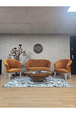 TEDDY Takım Beyaz Boyalı Telli Ayak Çay Seti Koltuk - Berjer , Balkon, Salon, Ofis Kiremit Renk 40 x 125 Boyut/Ebat