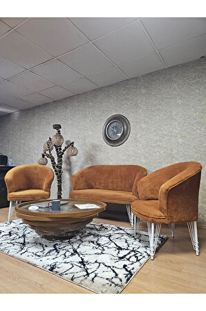 TEDDY Takım Beyaz Boyalı Telli Ayak Çay Seti Koltuk - Berjer , Balkon, Salon, Ofis Kiremit Renk 40 x 125 Boyut/Ebat