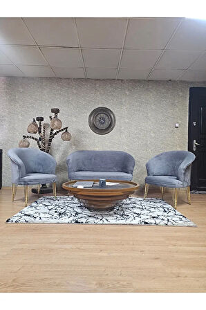 TEDDY Takım Gold Kaplama Telli Ayak Çay Seti Koltuk - Berjer , Balkon, Salon, Ofis Gri Renk 40 x 125 Boyut/Ebat