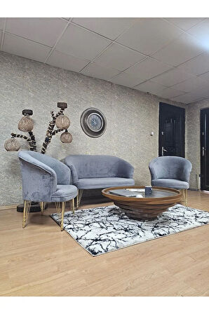 TEDDY Takım Gold Kaplama Telli Ayak Çay Seti Koltuk - Berjer , Balkon, Salon, Ofis Gri Renk 40 x 125 Boyut/Ebat