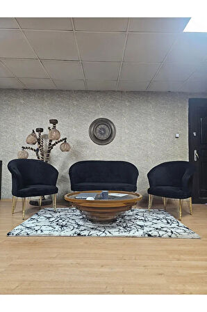 TEDDY Takım Gold Kaplama Telli Ayak Çay Seti Koltuk - Berjer , Balkon, Salon, Ofis Siyah Renk 40 x 125 Boyut/Ebat