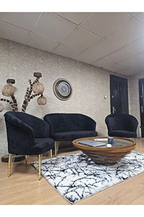 TEDDY Takım Gold Kaplama Telli Ayak Çay Seti Koltuk - Berjer , Balkon, Salon, Ofis Siyah Renk 40 x 125 Boyut/Ebat