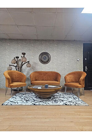 TEDDY Takım Krom Kaplama Telli Ayak Çay Seti Koltuk - Berjer , Balkon, Salon, Ofis Kiremit Renk 40 x 125 Boyut/Ebat