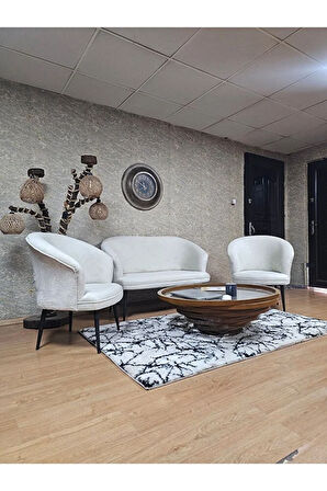 TEDDY Takım Siyah Boyalı Sivriltme Ayak Çay Seti Koltuk - Berjer , Balkon, Salon, Ofis Krem Renk 40 x 125 Boyut/Ebat