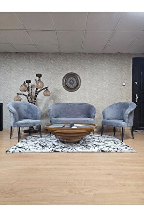 TEDDY Takım Siyah Boyalı Telli Ayak Çay Seti Koltuk - Berjer , Balkon, Salon, Ofis Gri Renk 40 x 125 Boyut/Ebat