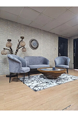 TEDDY Takım Siyah Boyalı Telli Ayak Çay Seti Koltuk - Berjer , Balkon, Salon, Ofis Gri Renk 40 x 125 Boyut/Ebat