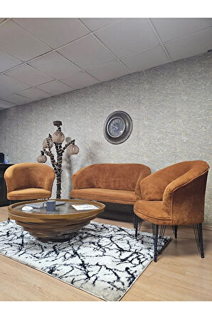 TEDDY Takım Siyah Boyalı Telli Ayak Çay Seti Koltuk - Berjer , Balkon, Salon, Ofis Kiremit Renk 40 x 125 Boyut/Ebat