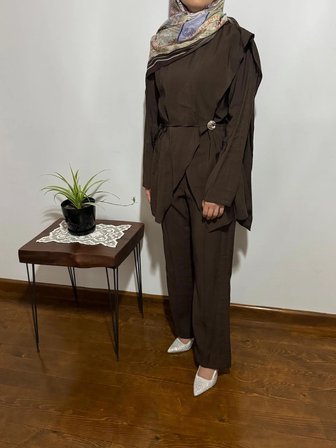 Tenfısı Woman Wear Modal Broş Detaylı İkili Takım Kahverengi
