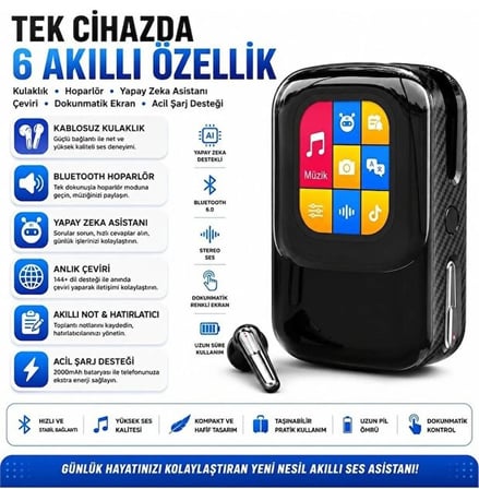 JUNGLEE Talkie One Ai Large Model Akıllı Kulaklık ve Dokunmatik Ekranlı Şarj Kutusu – Yapay Zeka Destekli Dil Çeviri, Hoparlör, Sesli, Powerbank Tws Özellikli Kulakiçi Kulaklık