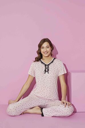 Kadın Bisiklet Yaka Viskon Kısa Kol Cepli Pijama Takımı