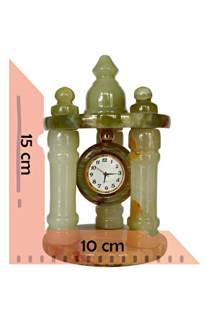 "Doğal Oniks Taşından El Yapımı Sütunlu Saat - Quartz Mekanizma, Dekoratif Hediye"