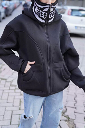 Samuray Kapşonlu ZIP Fermuarlı Çift Kapşonlu Nakışlı SweatShirt- Siyah