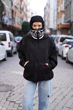 Samuray Kapşonlu ZIP Fermuarlı Çift Kapşonlu Nakışlı SweatShirt- Siyah