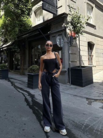 Kadın  Arkadan Yırtmaçlı Jeans Kot Palazzo Pantolon - Siyah