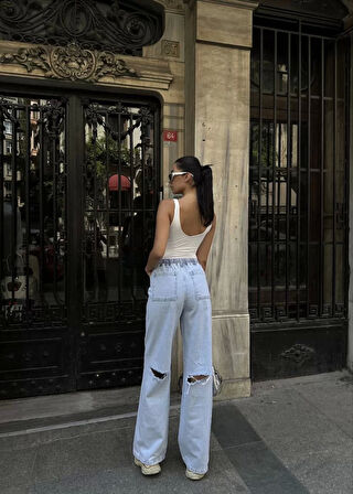 Kadın Arkadan Yırtmaçlı Jeans Kot Palazzo Pantolon - Mavi