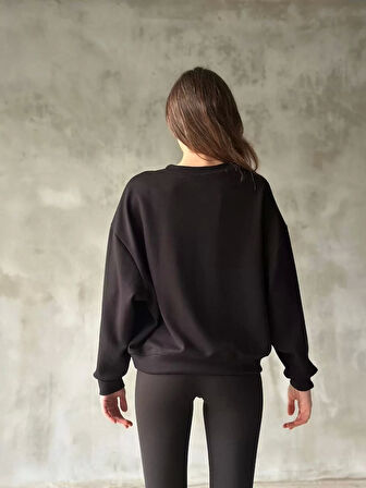 Osy Modal Yumuşak dokulu Kumaş Bisiklet Yaka Oversize Sweatshirt - Siyah