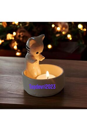 Dekoratif Ateş Başında Isınan Kedi Tealight Mumluk 