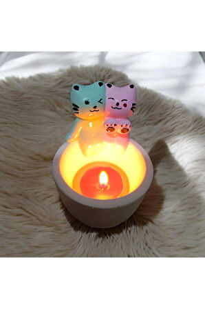 Dekoratif Ateş Başında Isınan Sevgili Kedi Tealight Mumluk