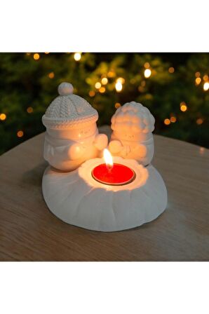 Dekoratif Ateş Başında Isınan Kardan Adam  Tealight Mumluk Tealight