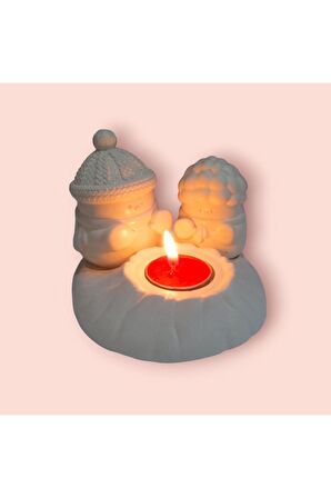 Dekoratif Ateş Başında Isınan Kardan Adam  Tealight Mumluk Tealight