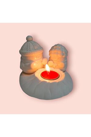 Dekoratif Ateş Başında Isınan Kardan Adam  Tealight Mumluk Tealight