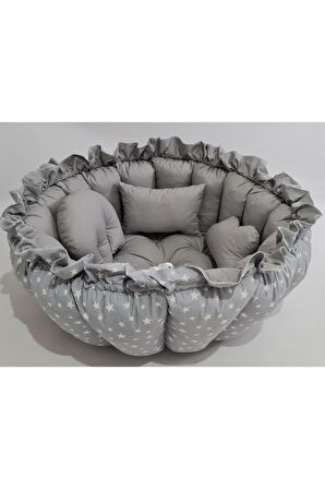 Küçük Gri Yıldız Gri Yuvarlak Babynest Uyku Ve Oyun Minderi
