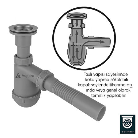 Koku Önleyici Gri Taslı Lavabo Sifonu - Temizlenebilir Hazne, Körüklü Boru, Paslanmaz Giriş