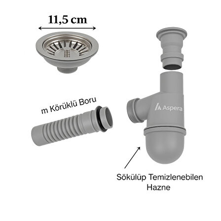 TASLI Çöpmak Evye Sifonu – Gri Renk, Koku Önleyici, Temizlenebilir ve Şık Lavabo Altı Kovası