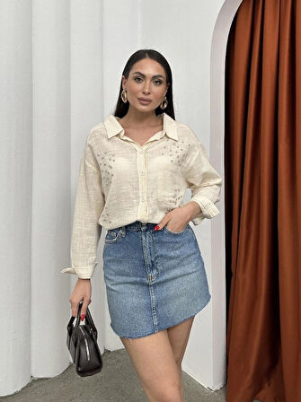 Kadın Keten Taş Baskılı Oversize Gömlek 