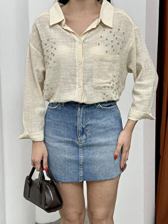 Kadın Keten Taş Baskılı Oversize Gömlek 