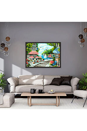 Tatil Köyü Sayılarla Boyama Seti, Hobi Seti, 40X50 Tablo, Fırça Boya Asma Aparatı Dahil, Fener , Köy