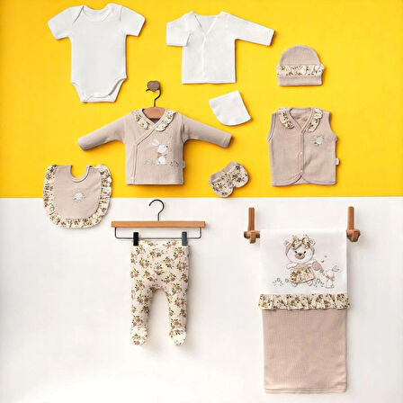  KIZ BEBEK 0-3 AY ÇİÇEKLİ TAVŞANLI 10LU SET %100 ORGANİK PAMUK