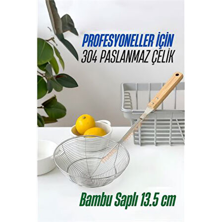 Bambu Saplı Kevgir Süzgeç 304 Paslanmaz Çelik 13.5 cm