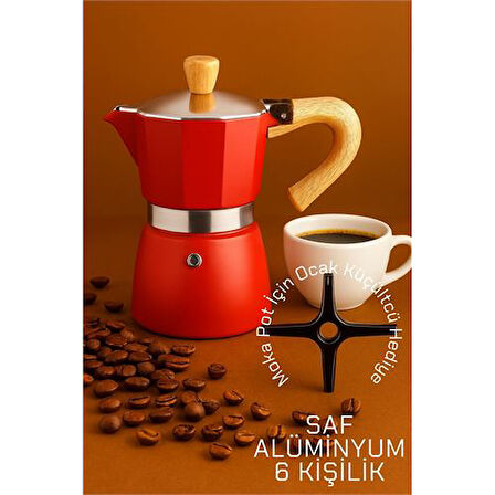 Italyan Moka Pot - 6061 Saf Alüminyum  Ahşap Saplı - 6 kişilik KIRMIZI