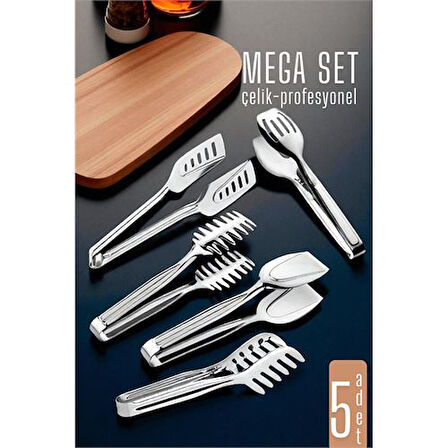 Mutfak Maşa Seti - Makarna Pasta Salata Çok Amaçlı Maşa 5 li SET 304 Paslanmaz Çelik