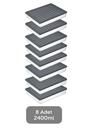 8'li Saklama Kabı , Mikrodalga Uyumlu Erzak Saklama Kabı Antrasit 8 X 2400 ml