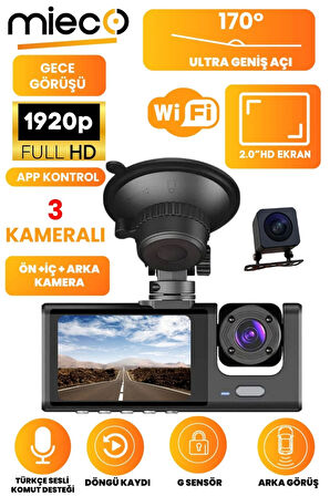 1s Wifi / App /1920p Fhd/ 170° Ultra Geniş Açı/gece Görüş/ G-sensörü 3 Kameralı Araç Kamerası(2025)